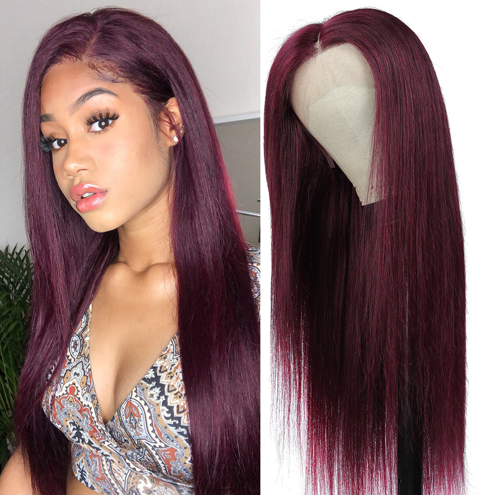 Kemy Hair Custom 99j Burgundy Straight Human Hair 13X4 Lace Front wigs