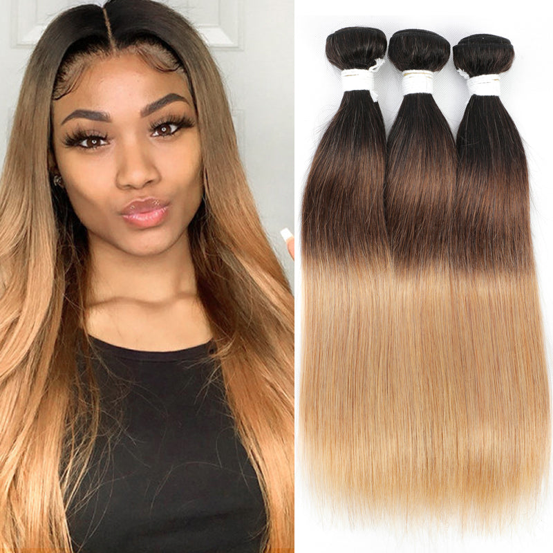 Straight 3 Tone Ombre Color 1B/4/27 Remy Human Hair Bundles 10''-26''