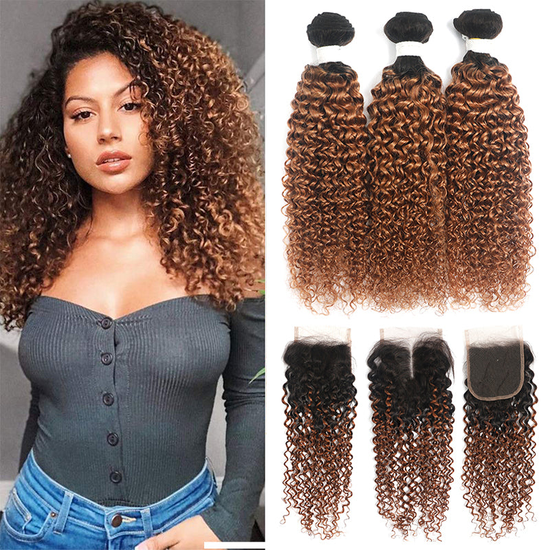 Kemy Hair Ombre Ginger Brown Kinky Curly  Human Hair 3Bundles with 4×4 Lace Closure