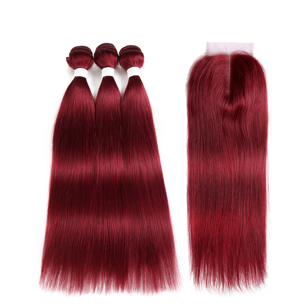 Kemy Hair Burgundy Red Brazilian Straight Human Hair 3Bundles with 4×4 Lace Closure