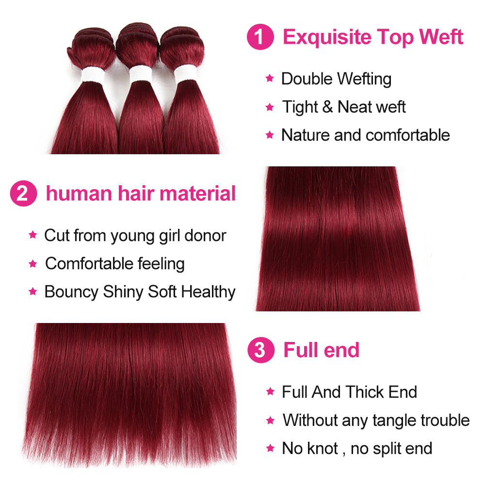 Kemy Hair Burgundy Red Brazilian Straight Human Hair 3Bundles with 4×4 Lace Closure