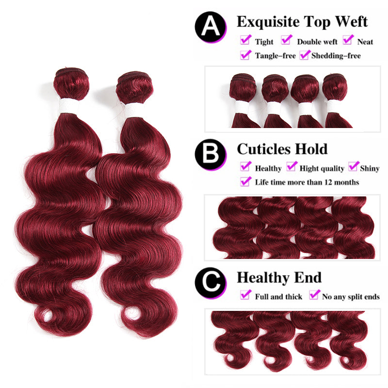 Burgundy Red Body Wave Human Hair 3 Bundles With Lace Frontal