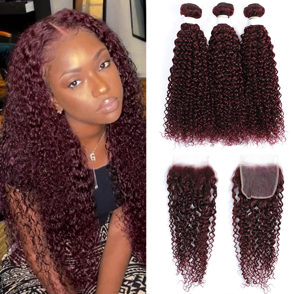 Kemy Hair 99J Redwine Kinky Curly Human Hair 3Bundles With Closure 4x4