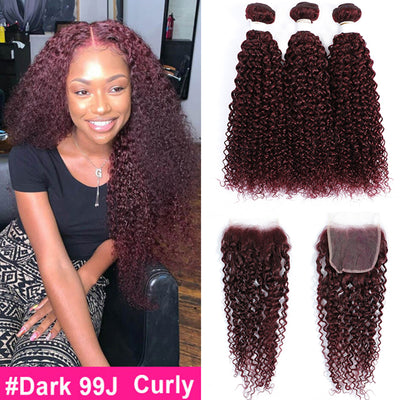 Kemy Hair 99J Redwine Kinky Curly Human Hair 3Bundles With Closure 4x4