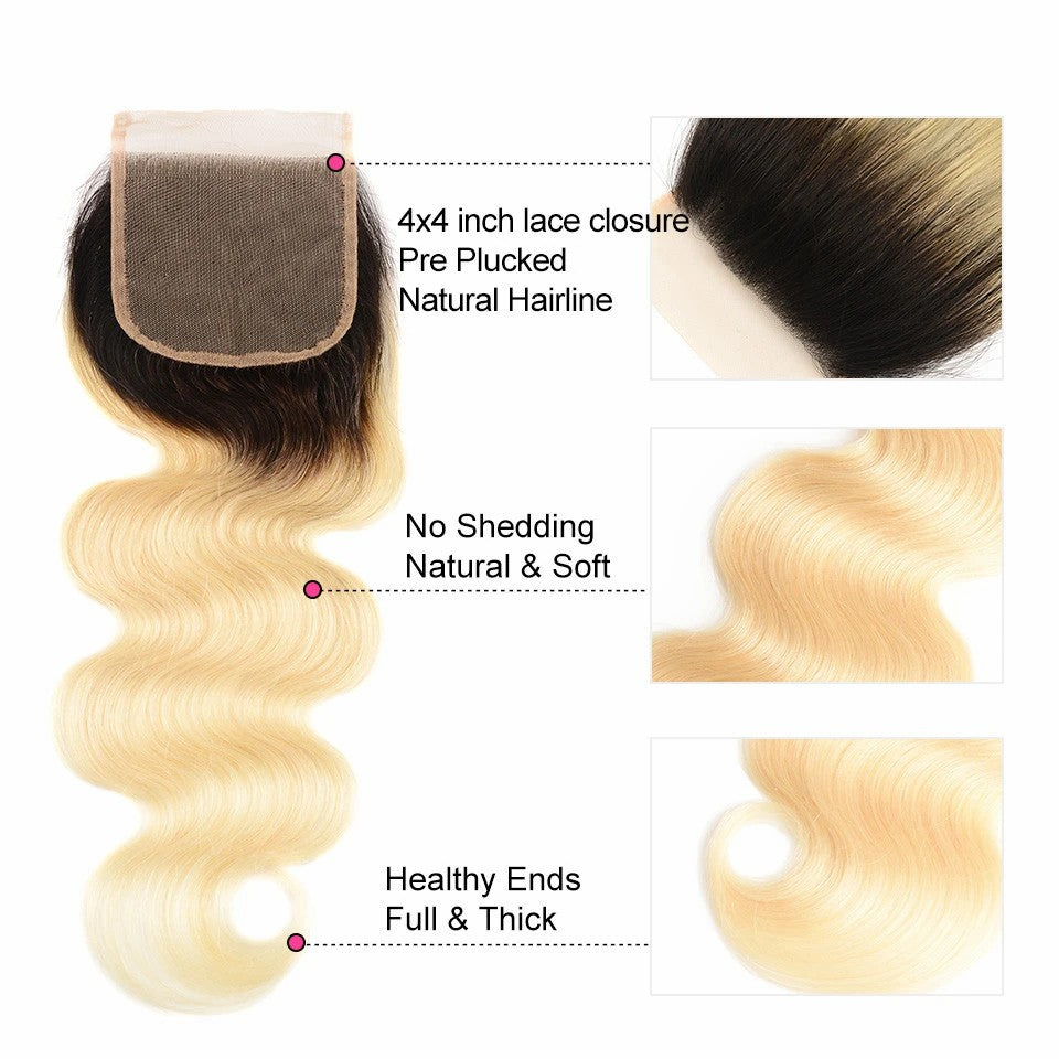 Kemy Hair Ombre Blond Remy  Body Wave Human Hair 3Bundles with Lace Closure