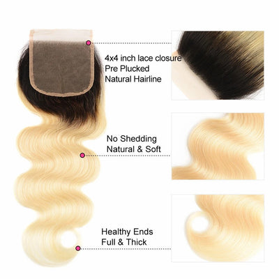 Kemy Hair Ombre Blond Remy  Body Wave Human Hair 3Bundles with Lace Closure