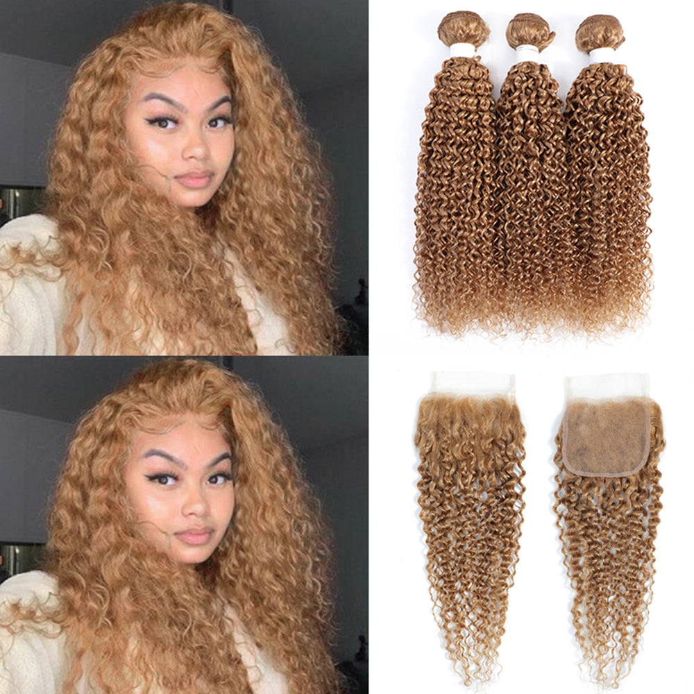 Kemy Hair Kinky Curly Honey Blonde Human Hair 3Bundles with 4×4 Lace Closure