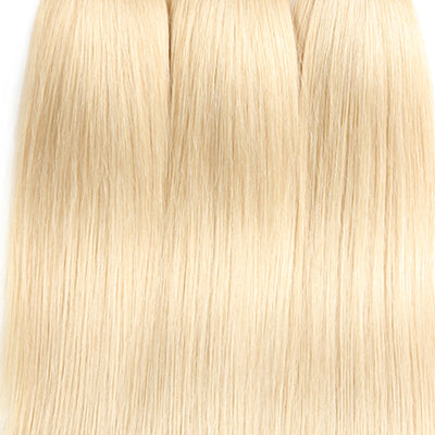 Kemy Hair Straight 613 Blond Remy 3 Human Hair Bundles with One 4×4 Free/Middle Lace Closure