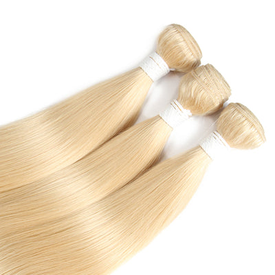 Kemy Hair Straight 613 Blond Remy 3 Human Hair Bundles with One 4×4 Free/Middle Lace Closure