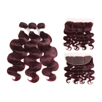 Kemy Hair 99j burgundy Body Wave Human Hair 3Bundles with 4×13 Lace Frontal(99J)