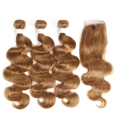 Body Wave Honey Blonde Human Hair Weave Three Bundles with Free/Middle Part 4×4 Lace Closure (27) (2829634044004)