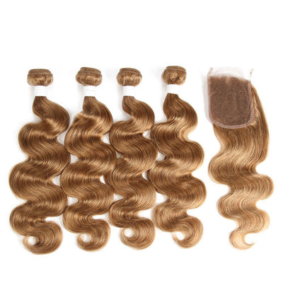 Body Wave Honey blonde Human Hair 4 Bundles Weave with One Free/Middle Part 4×4 Lace Closure (27) (2849801764964)
