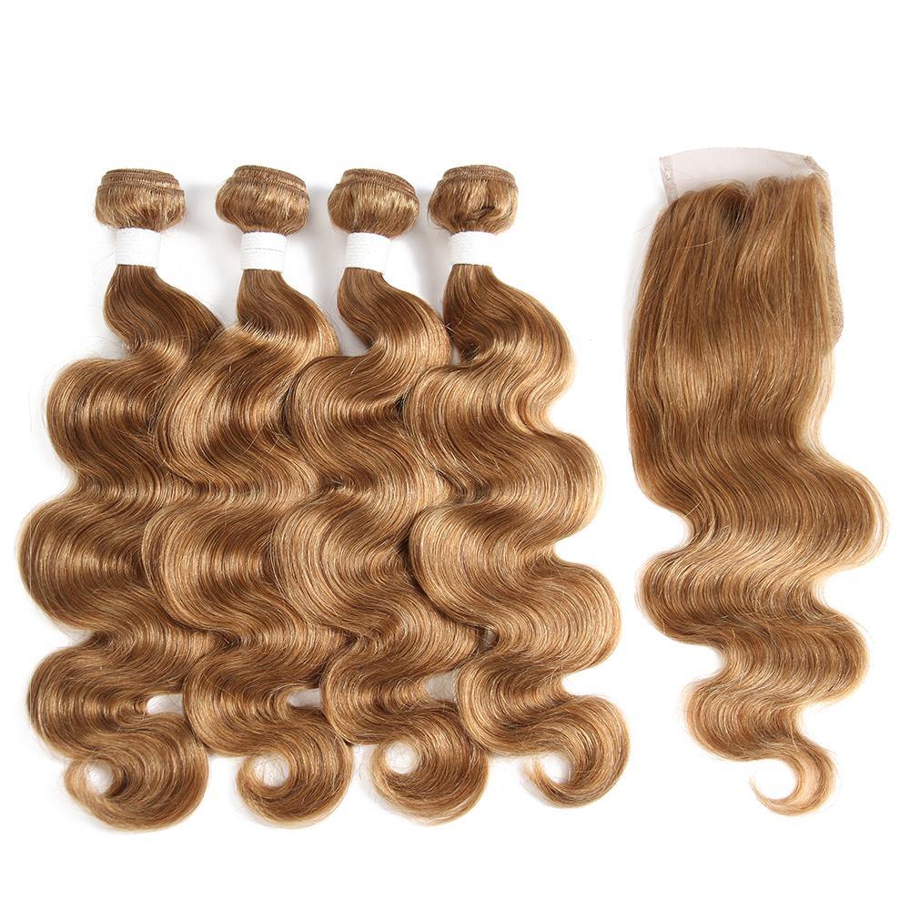 Kemy Hair Honey blonde Body Wave Human Hair 4Bundles With 4×4 Lace Closure