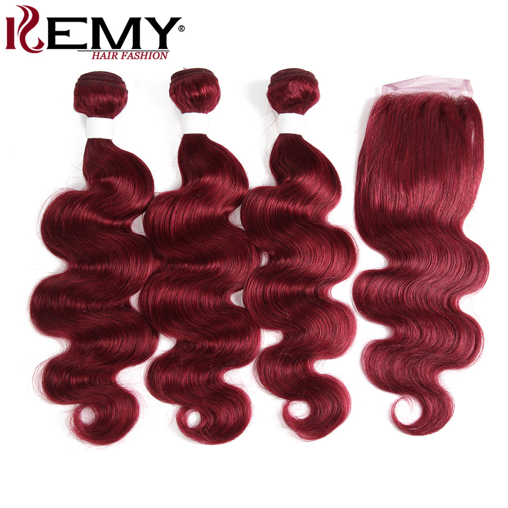 Kemy Hair Burgundy Red Body Wave Human Hair 3Bundles with Part 4×4 Lace Closure