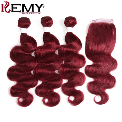 Kemy Hair Burgundy Red Body Wave Human Hair 3Bundles with Part 4×4 Lace Closure