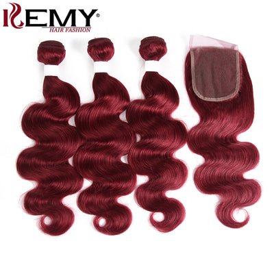 Kemy Hair Burgundy Red Body Wave Human Hair 3Bundles with Part 4×4 Lace Closure