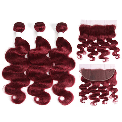 Burgundy Red Body Wave Human Hair 3 Bundles With Lace Frontal