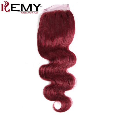 Kemy Hair Burgundy Red Body Wave Human Hair 3Bundles with Part 4×4 Lace Closure