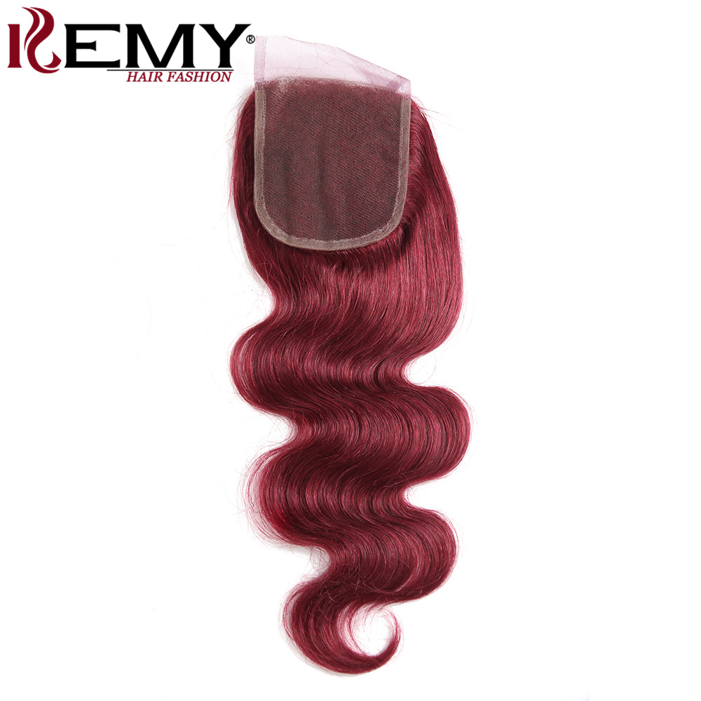 Kemy Hair Burgundy Red Body Wave Human Hair 3Bundles with Part 4×4 Lace Closure