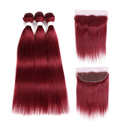 Burgundy Red Straight 100% Human Hair 3 Bundles With Lace Frontal