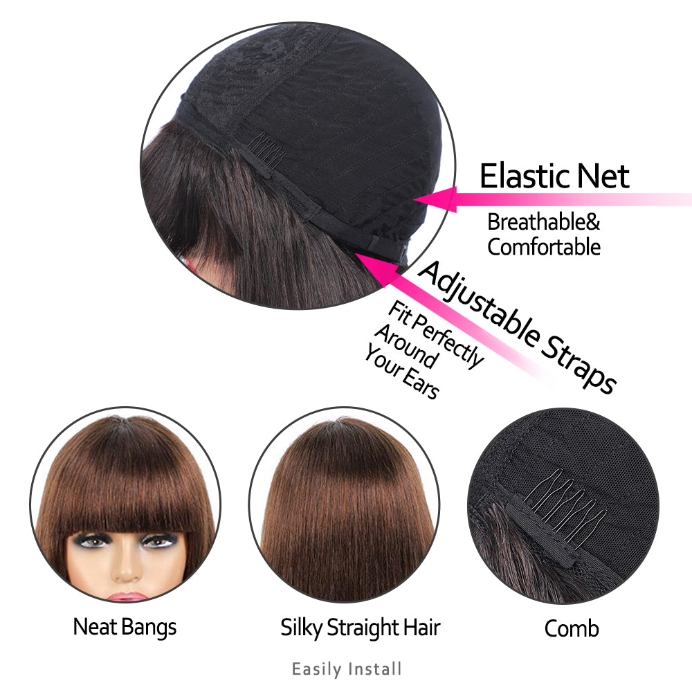 Kemy Hair Medium Brown Straight Human Hair Wigs with Bang 14''-28''（4#）