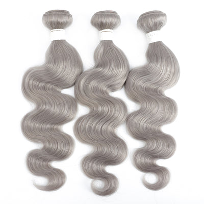 Kemy Hair Body Wave Silver Gray Remy 3Bundles Human Hair with 4×4 Lace Closure