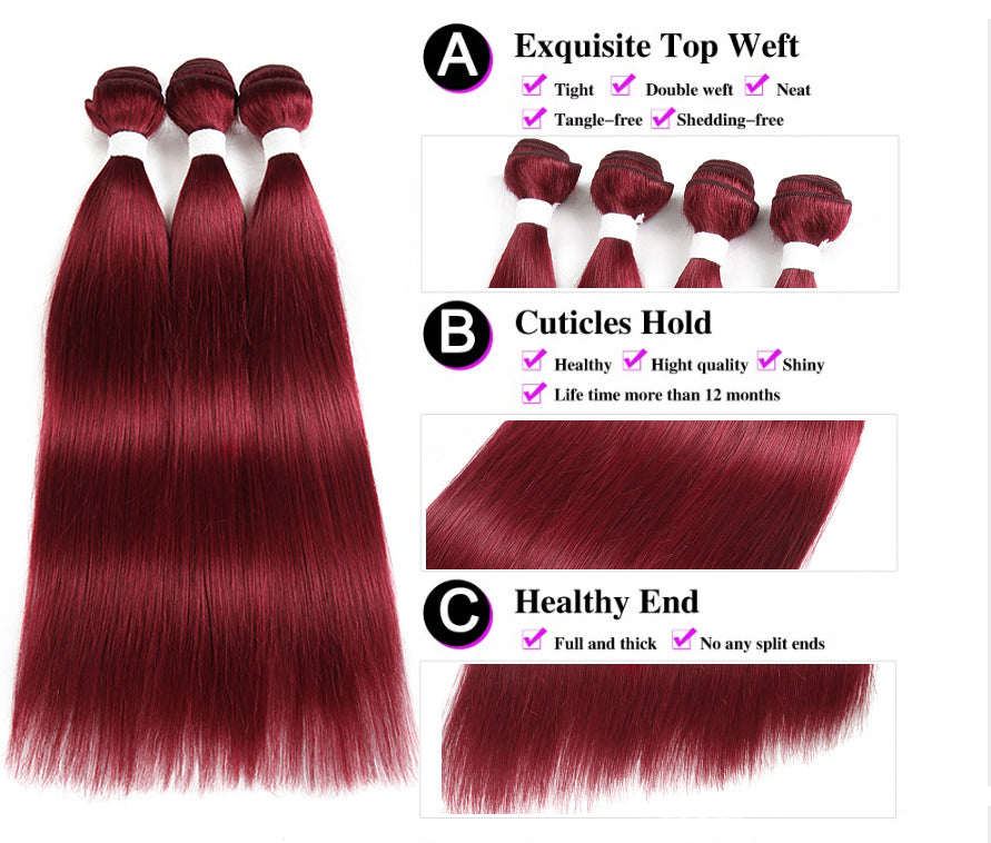 Kemy Hair Burgundy Sraight Human Hair Weave Bundles 3 Bundle Deals