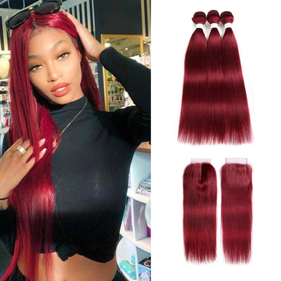 Kemy Hair Burgundy Red Brazilian Straight Human Hair 3Bundles with 4×4 Lace Closure