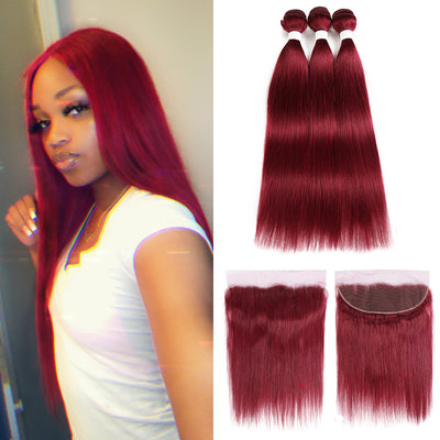 Burgundy Red Straight 100% Human Hair 3 Bundles With Lace Frontal