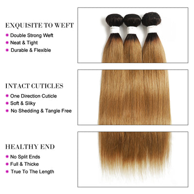 Kemy Hair Ombre Honey Blonde Straight Human Hair 3 Bundles with 4×4 Lace Closure