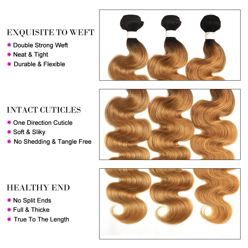 Kemy Hair Ombre Honey Blonde Body Wave Human Hair 4 Bundles with 4×4 Lace Closure