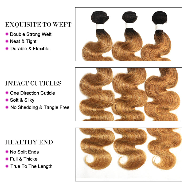 Kemy Hair Ombre Honey Blonde Body Wave Human Hair Bundles With Frontal 13x4