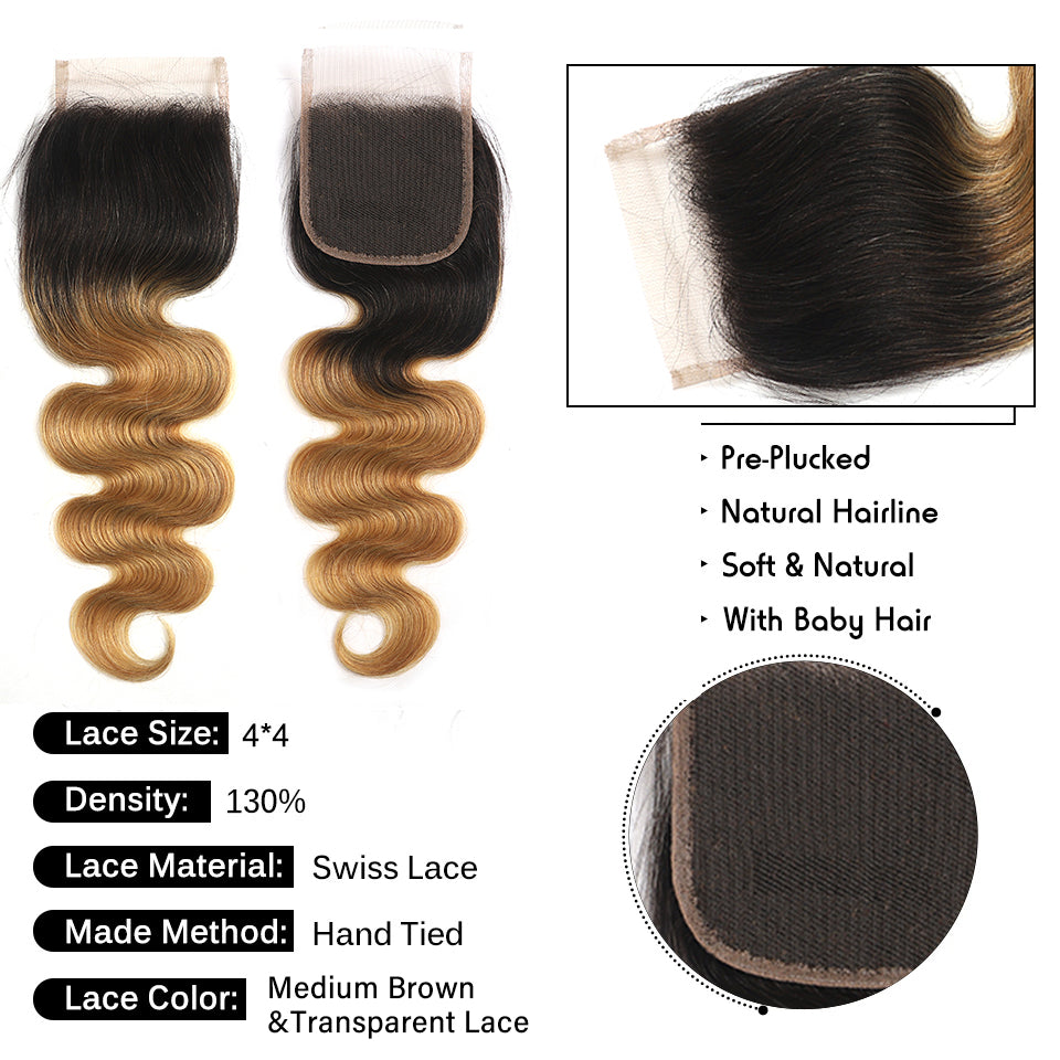 Kemy Hair Ombre Honey Blonde Body Wave Human Hair Bundles with Closure 4x4