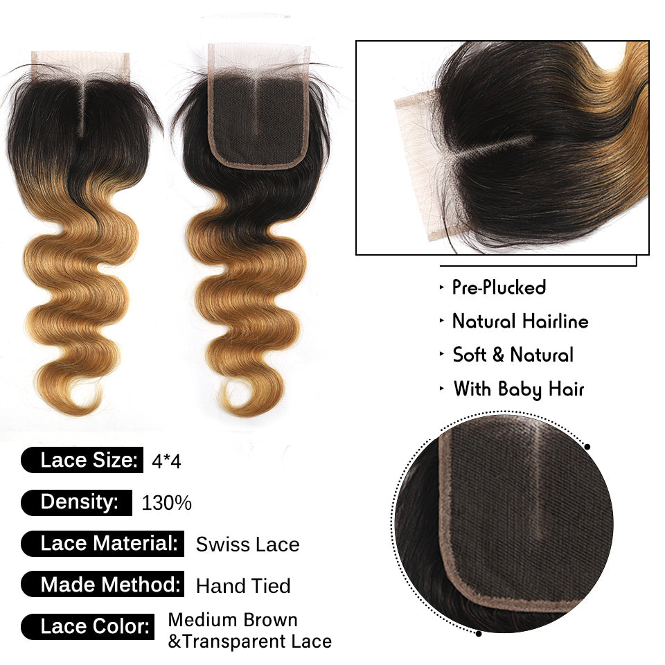 Kemy Hair Ombre Honey Blonde Body Wave Human Hair 4 Bundles with 4×4 Lace Closure