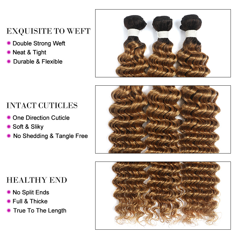 Kemy Hair Ombre Honey Blonde Deep Wave  3 Bundles with Lace Frontal (T1B/27)