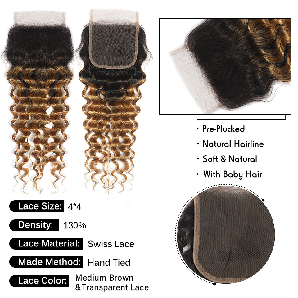 Kemy Hair Deep Wave Human Hair Bundles With Closure T1B/27 Ombre Honey Blonde 3 Bundles With Closure