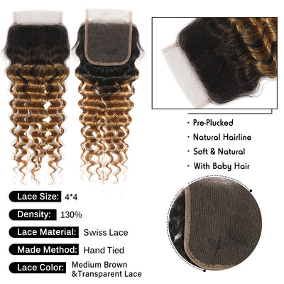 Kemy Hair Deep Wave Human Hair Bundles With Closure T1B/27 Ombre Honey Blonde 3 Bundles With Closure