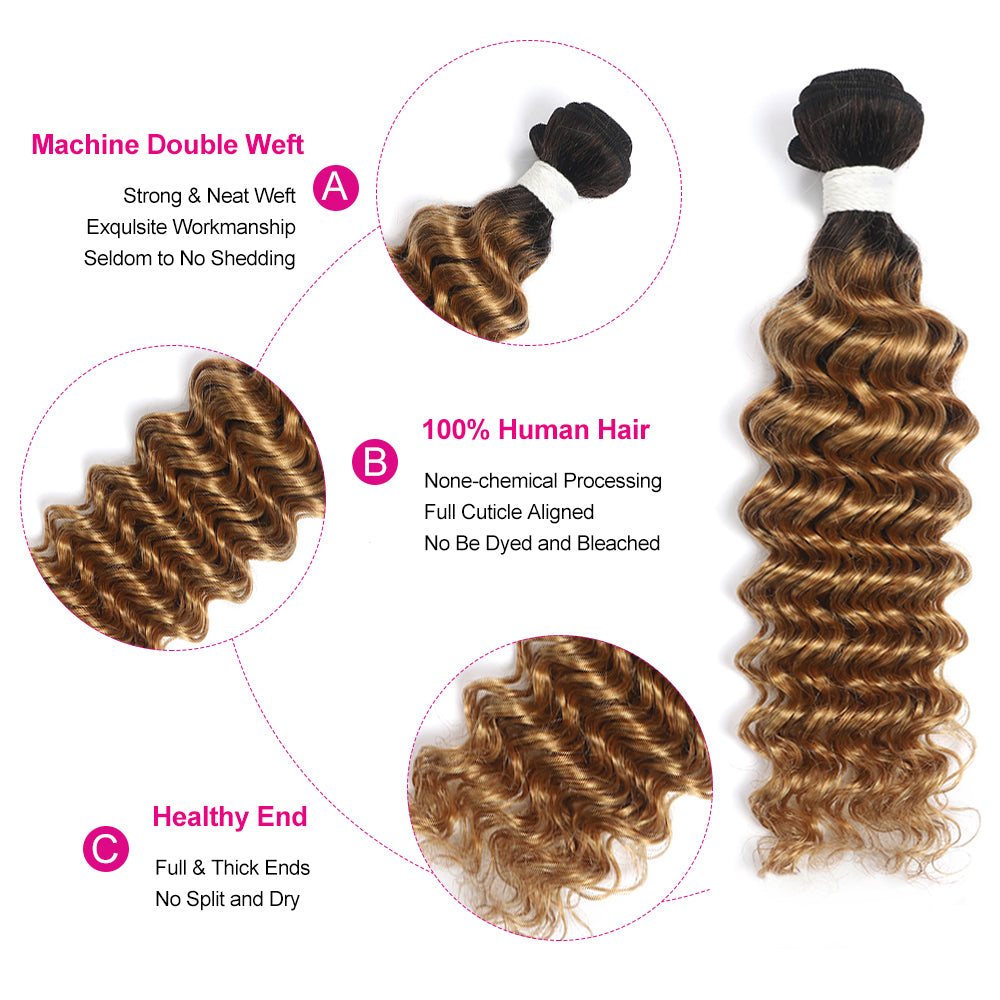 Kemy Hair Ombre Honey Blonde 1B/27 Deep Wave Human Hair Bundle