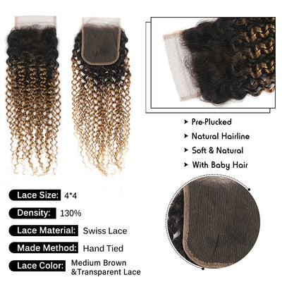 Kinky Curly Ombre Honey Blonde Human Hair Bundles with Lace Closure