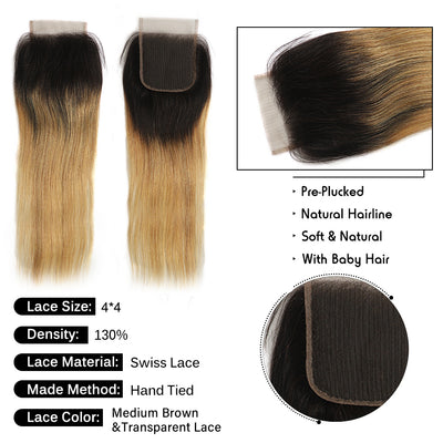Kemy Hair Ombre Honey Blonde Straight Human Hair 3 Bundles with 4×4 Lace Closure