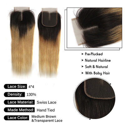 Kemy Hair Ombre Honey Blonde Straight Human Hair 3 Bundles with 4×4 Lace Closure