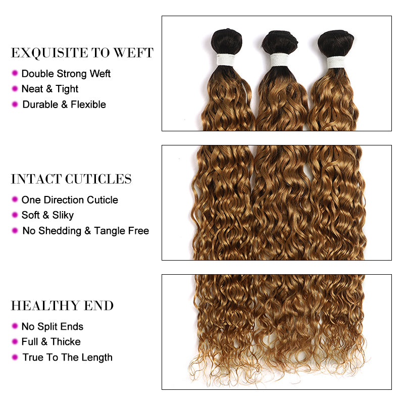Kemy Hair Ombre Honey Blonde Water Wave Human Hair 3 Bundles with Lace Closure