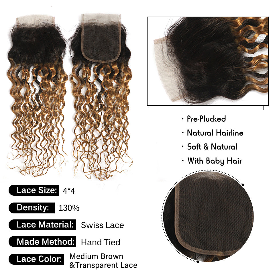 Kemy Hair Ombre Honey Blonde Water Wave Human Hair 3 Bundles with Lace Closure