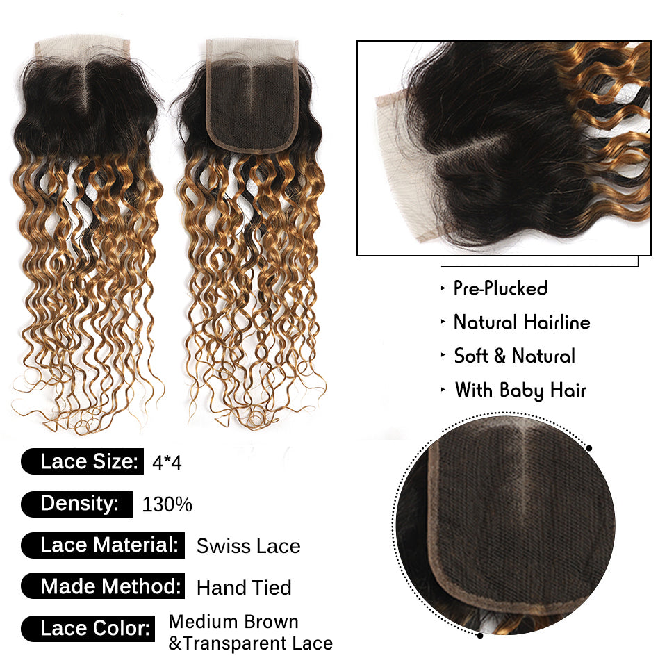 Kemy Hair Ombre Honey Blonde  Water Wave Human Hair 4 Bundles with Lace Closure