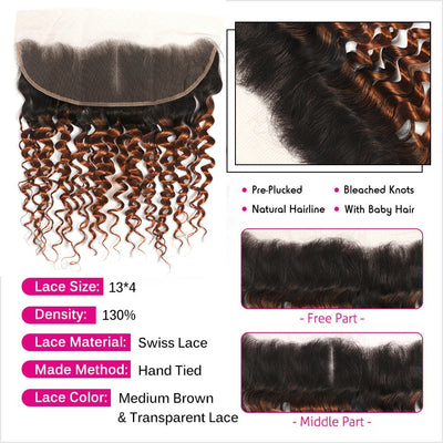 Kemy Hair Ombre Brown Ginger Deep Wave Human Hair 3Bundles with 4×13 Lace Frontal（T1B/30）