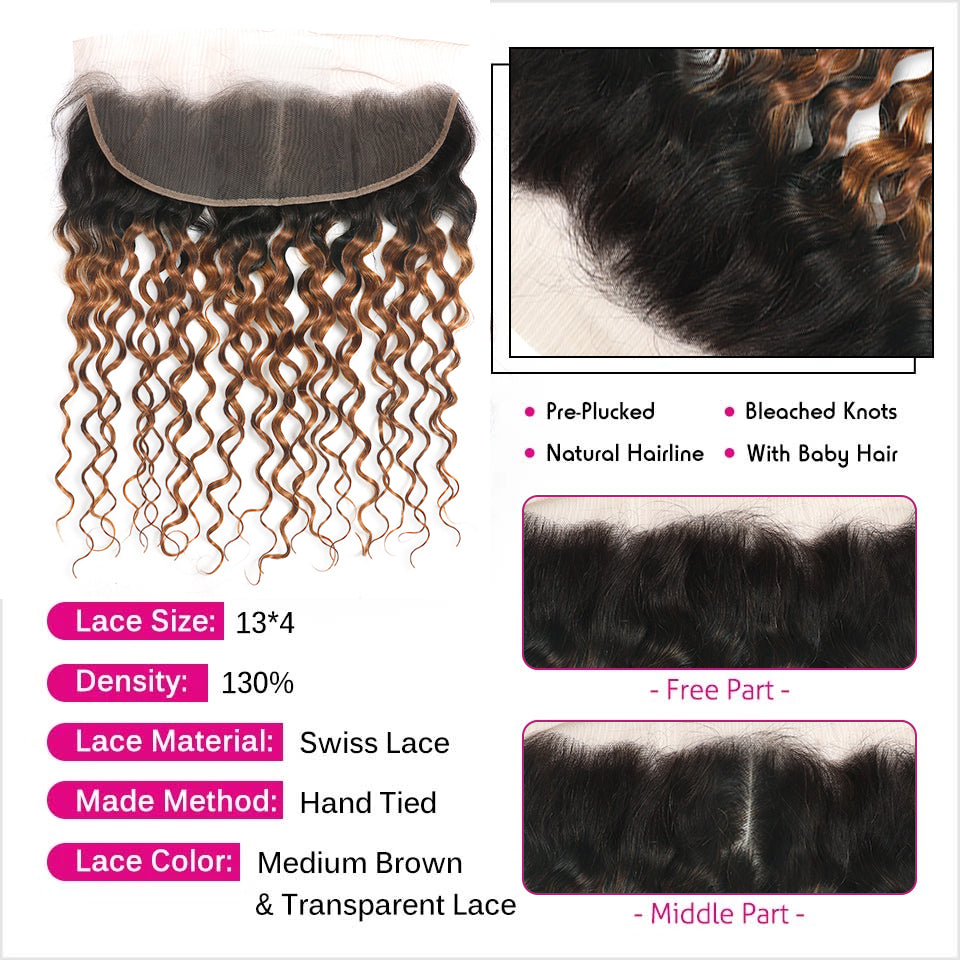 Kemy Hair Ombre Brown Ginger Water Wave Human Hair 3Bundles with 4×13 Lace Frontal（T1B/30）