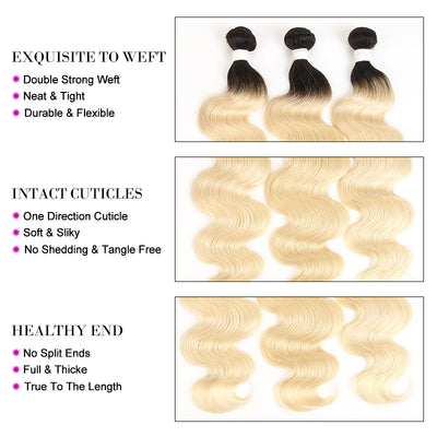 Kemy Hair Ombre Blond Remy Body Wave Human Hair 3Bundles with 4×13 Lace Frontal