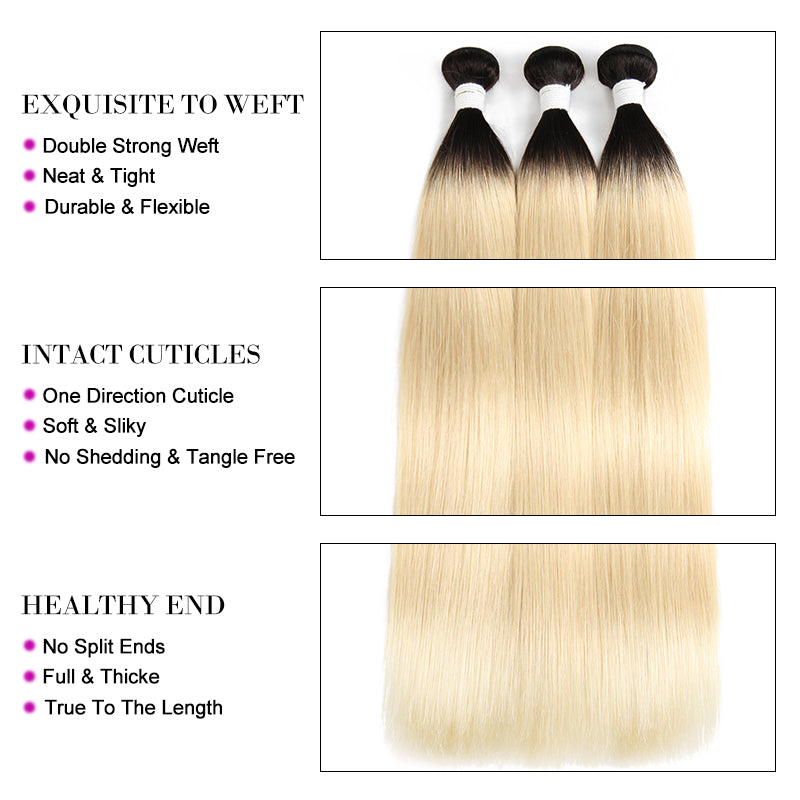 Kemy Hair Ombre Blond Remy Straight Human Hair 3Bundles with 4×13 Lace Frontal