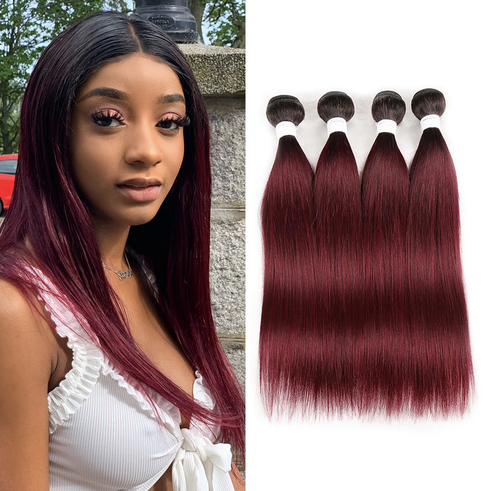 Kemy Hair Ombre Maroon Red Straight Four Human Hair Bundles