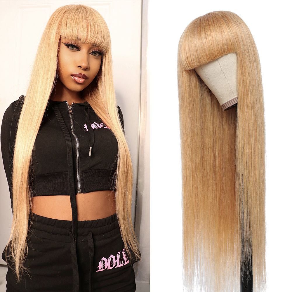 Kemy Hair Honey Blonde Straight Human Hair Wigs with Bang 14''-28''（27#）